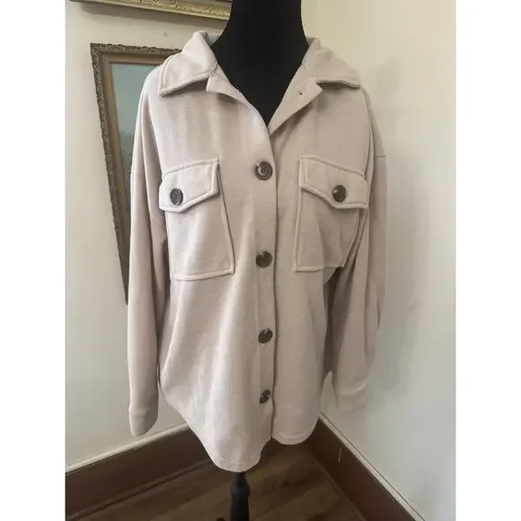 Hippie Rose Ribbed Knit Shacket Jacket Beige Button Front Utility Shirt Size S - Picture 1 of 10